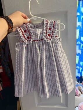 Lullaby Set Girls White Striped Ruffle Dress with Red Trim